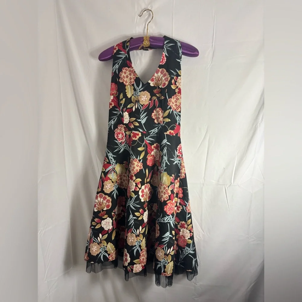 Y2K Black Floral Hawaii Tulle Whimsigoth Fairy Grunge Halter Dress Size M-L - Picture 3 of 16